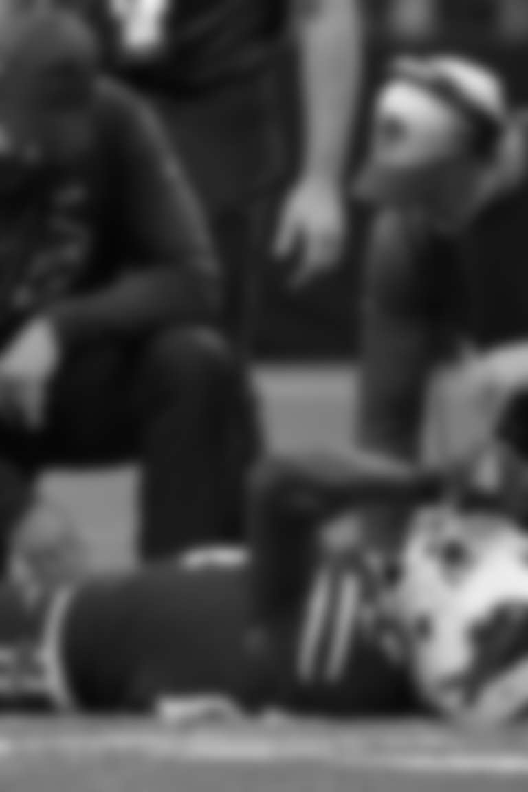 Les Bisson, Nate Breske, Tom White, Tre'Davious White (27) injury, Sean McDermott. Buffalo Bills vs New Orleans Saints at Caesars Superdome, November 25, 2021. Photo by Bill Wippert