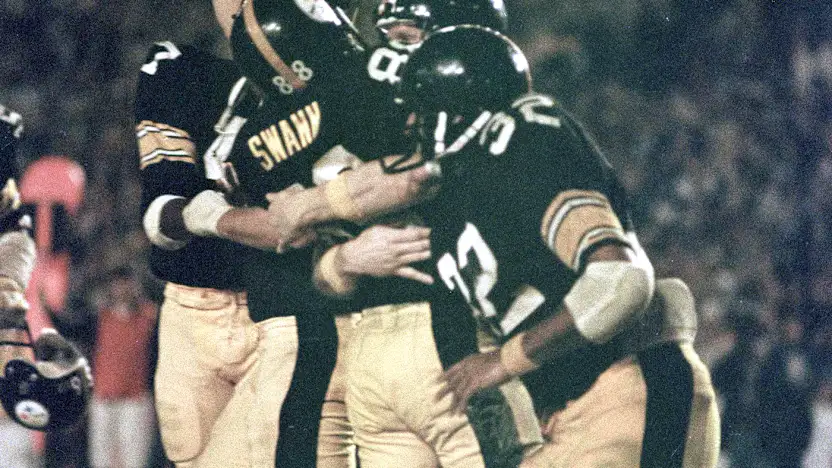 image: Lynn Swann Terry Bradshaw Franco Harris Steve Courson celebrate Super Bowl XIII