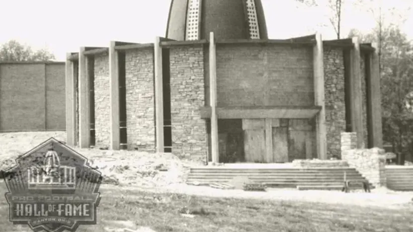 image: black and white photo of Hall of Fame building under construction