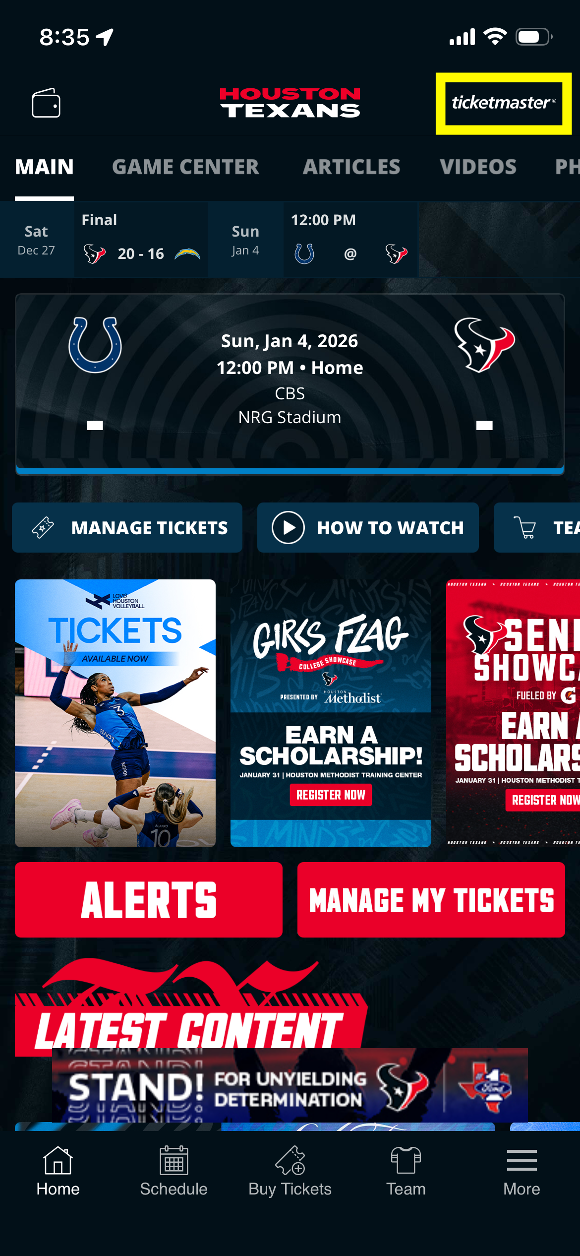 How to find Ticketmaster account in Texans app