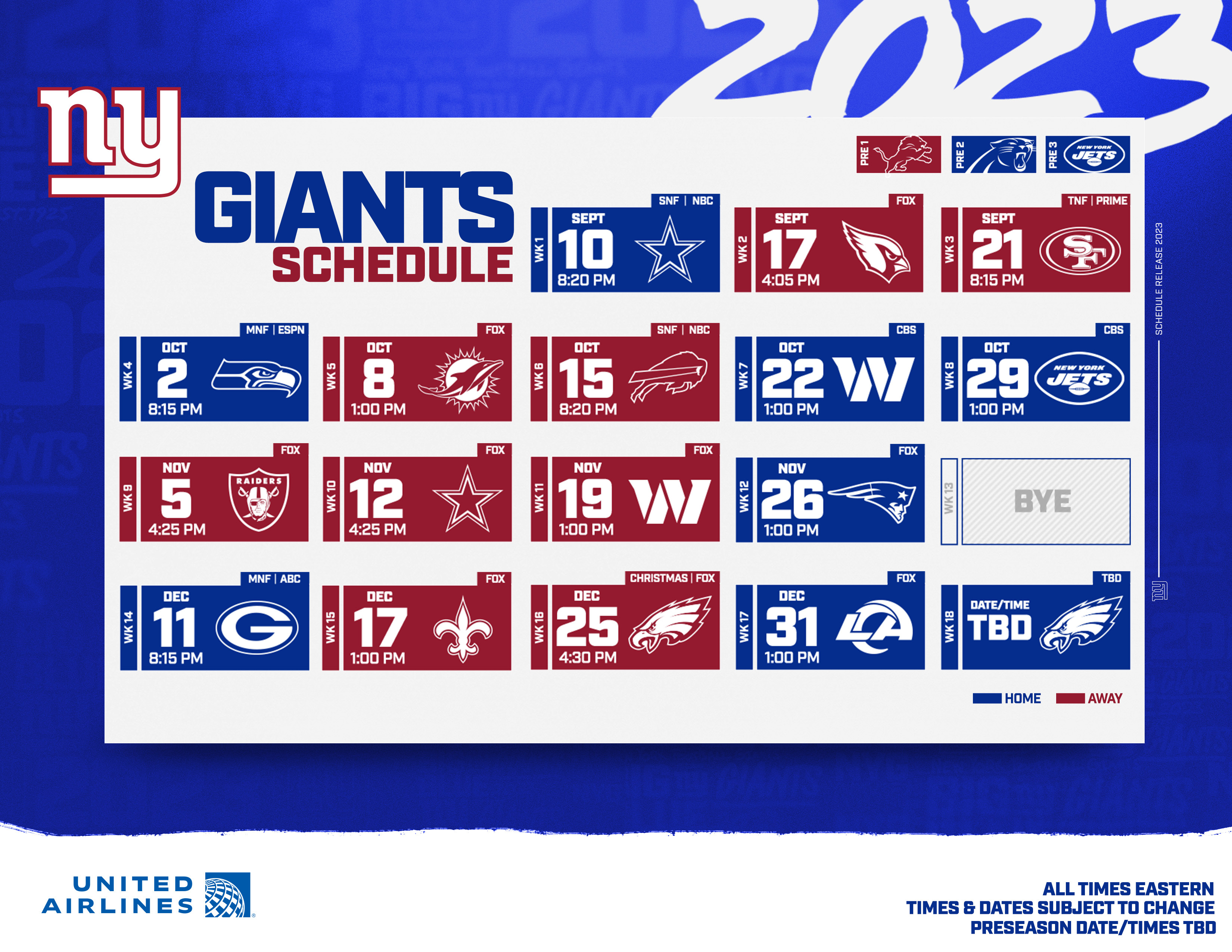 NFL 2023 New York Giants Printable Schedule Date TV Streaming Time
