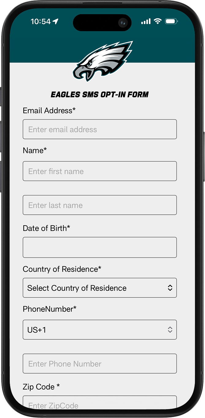Example form from the Philadelphia Eagles to signup for SMS alerts