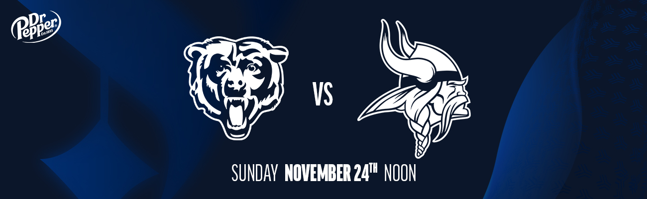 United Club Gameday Guide - Minnesota Vikings vs. Chicago Bears - November 24th, 2024 at Soldier Field - Brought to you by Dr Pepper