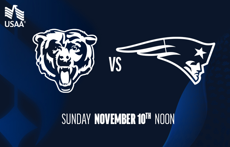 United Club Gameday Guide - New England Patriots vs. Chicago Bears - November 10th, 2024 at Soldier Field - Brought to you by USAA