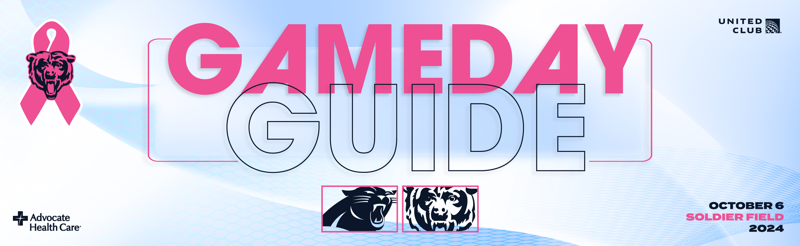 United Club Gameday Guide - Carolina Panthers vs. Chicago Bears - October 6th, 2024 at Soldier Field - Brought to you by Advocate Health Care