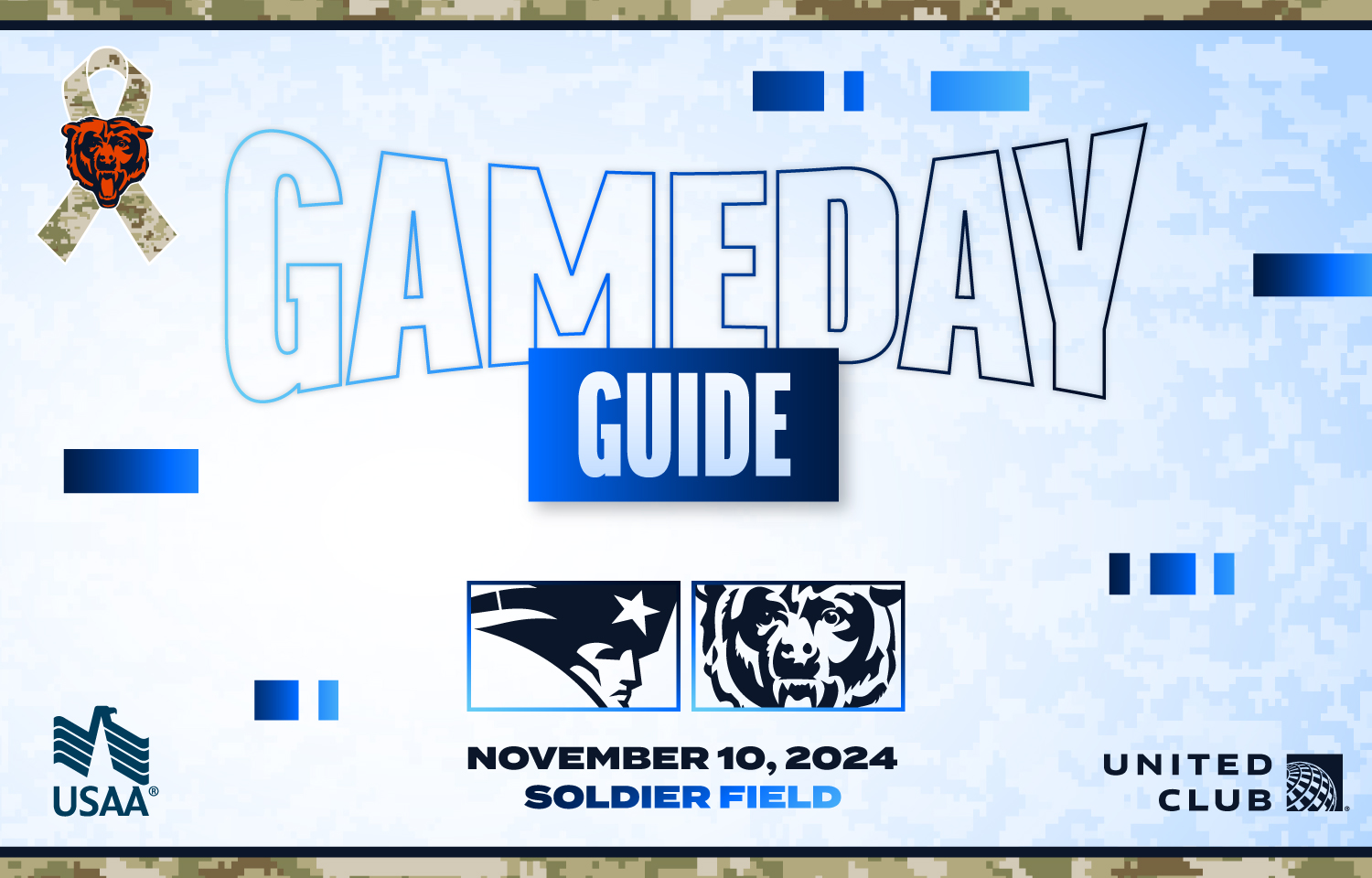 United Club Gameday Guide - New England Patriots vs. Chicago Bears - November 10th, 2024 at Soldier Field - Brought to you by USAA