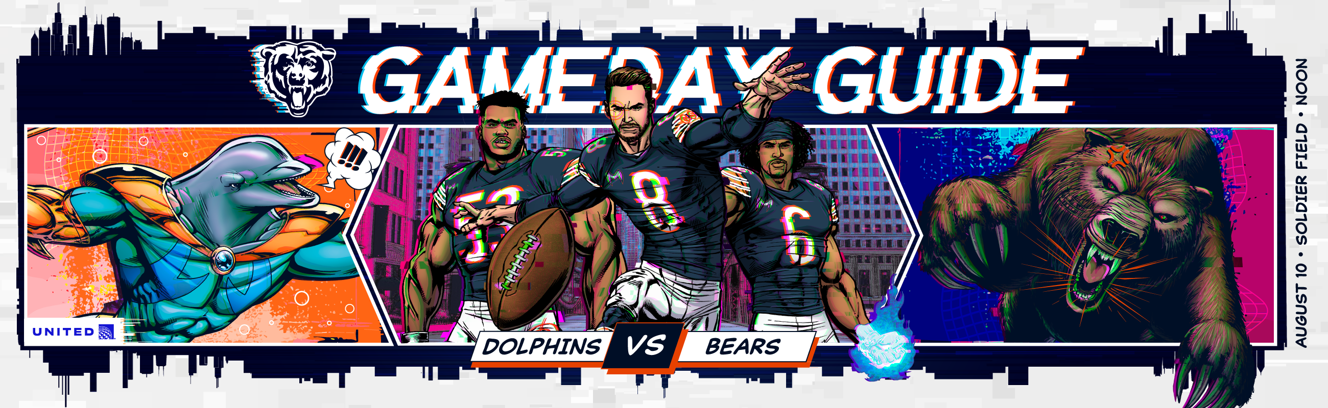 Gameday Guide - Miami Dolphins vs. Chicago Bears - August 10th, 2025 at Soldier Field - Brought to you by United