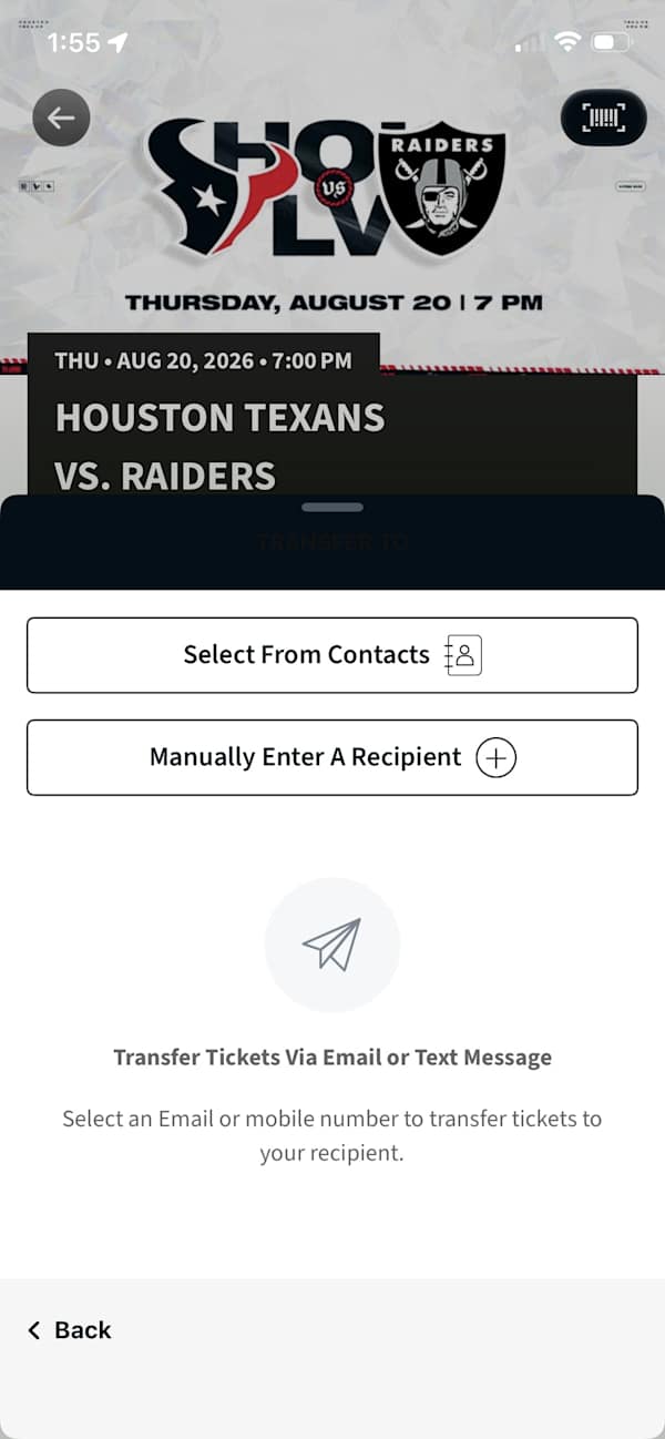 The Transfer To screen with buttons for Select From Contacts and Manually Enter A Recipient.
