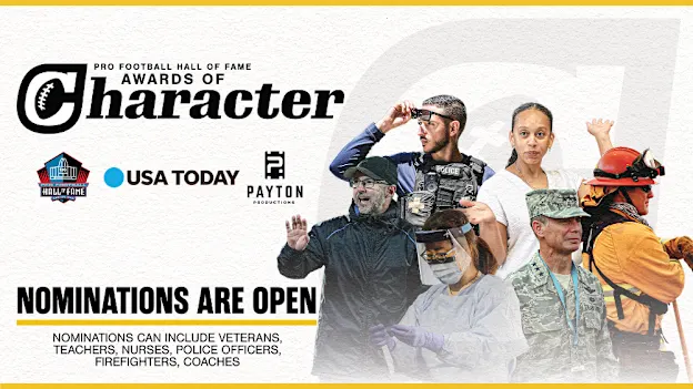 image: News Recognize extraordinary individuals: Pro Football Hall of Fame Awards of CharacterNominate someone for the Pro Football Hall of Fame Awards of Character