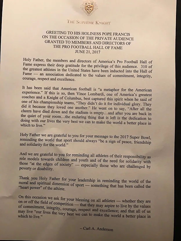 image: News Pro Football Hall of Fame First American Sports Organization to Have Audience with the Popeinvite-sm