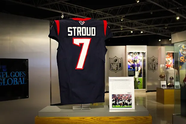 image: News Historic performances from Miami Dolphins, C.J. Stroud recognized with artifacts in CantonThe game-worn jersey from Houston Texans rookie quarterback C.J. Stroud’s historic performance from Week 9 is on display at the Hall of Fame.