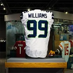 image: News Jersey worn by Seahawks' Williams during record-setting day makes its way to Hall  The Pro Football Hall of Fame received the jersey Leonard Williams wore while playing the Jets and has placed it on display in the Hall’s “Pro Football Today Gallery.”