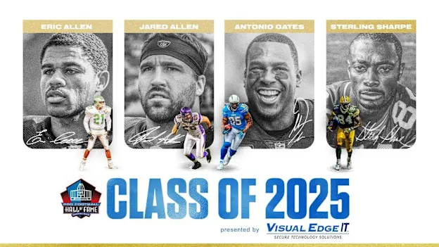 image: News Pro Football Hall of Fame to enshrine four in Class of 2025Congratulations to the Pro Football Hall of Fame Class of 2025, presented by Visual Edge IT, and shown in image.