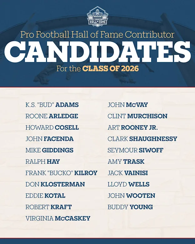 image: News 21 Contributors advance in selection process for Hall of Fame's Class of 2026Twenty-one candidates in the Contributor category have moved one step closer to election for the Pro Football Hall of Fame’s Class of 2026 presented by Visual Edge IT.