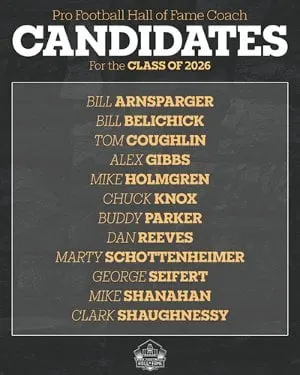 image: News 12 Coaches advance in selection process for Hall of Fame Class of 2026Pro Football Hall of Fame Coach candidates for Class of 2026